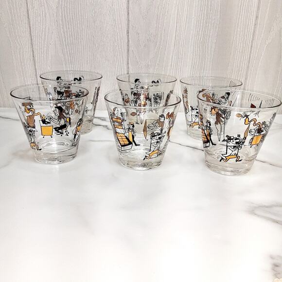 Mid Century modern Double drinking Glasses Set of 5 Pressroom Characters - Picture 8 of 13